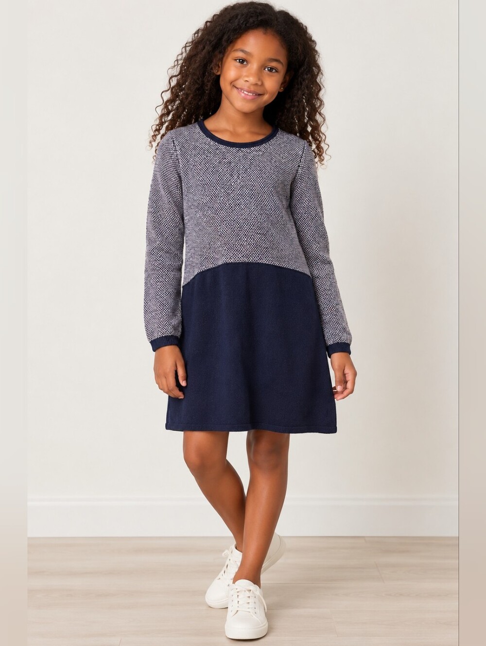 White Stuff Kids  Navy Linen Wool Alpaca Blend Knit Dress